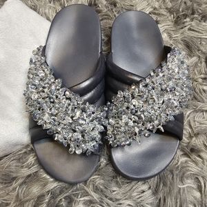 Tory Burch Logan Crystal Embellished Leather Slides in Blue - Women's NWOT sz. 9